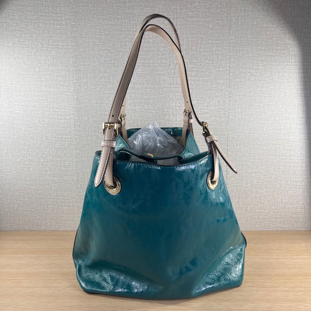 Michael Kors Large Teal Patent Embossed Logo Tote Shoulder Bag Gold Hardware
